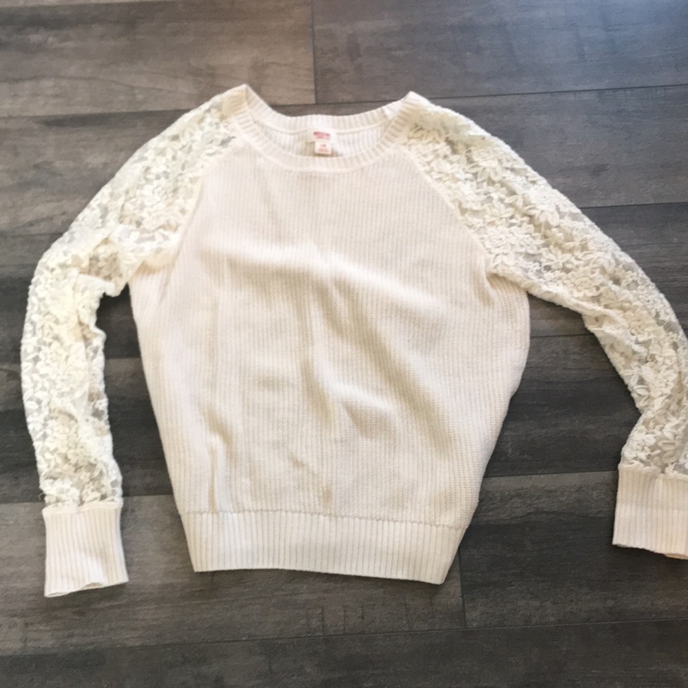 White sweater with lace sleeves